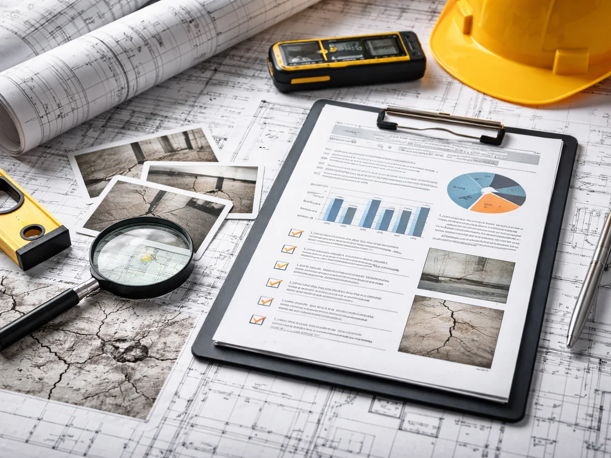 Plans, loupe et rapport d’expertise sur une table