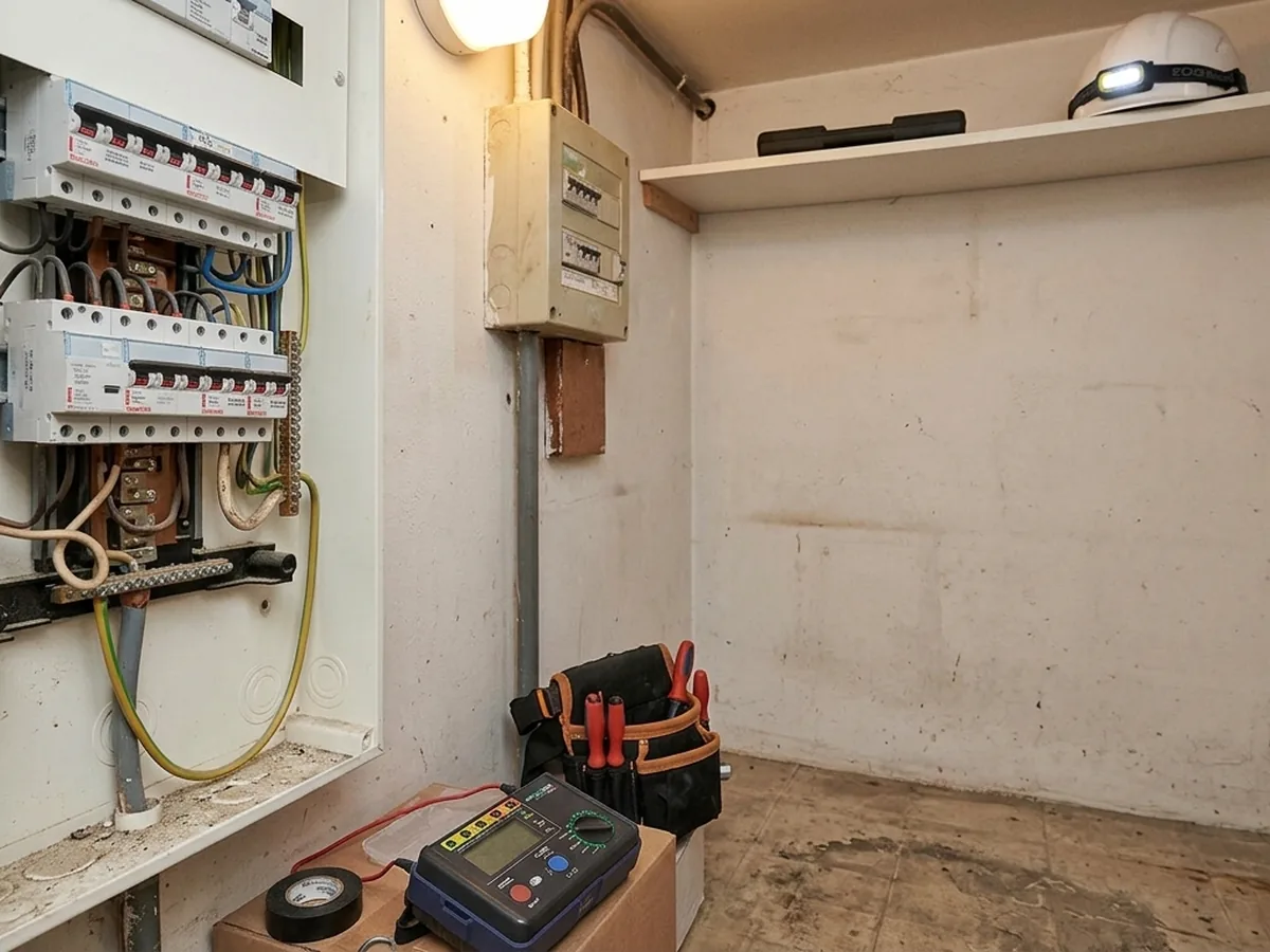 Tableau électrique ouvert et ancien compteur, contrôle visuel au multimètre