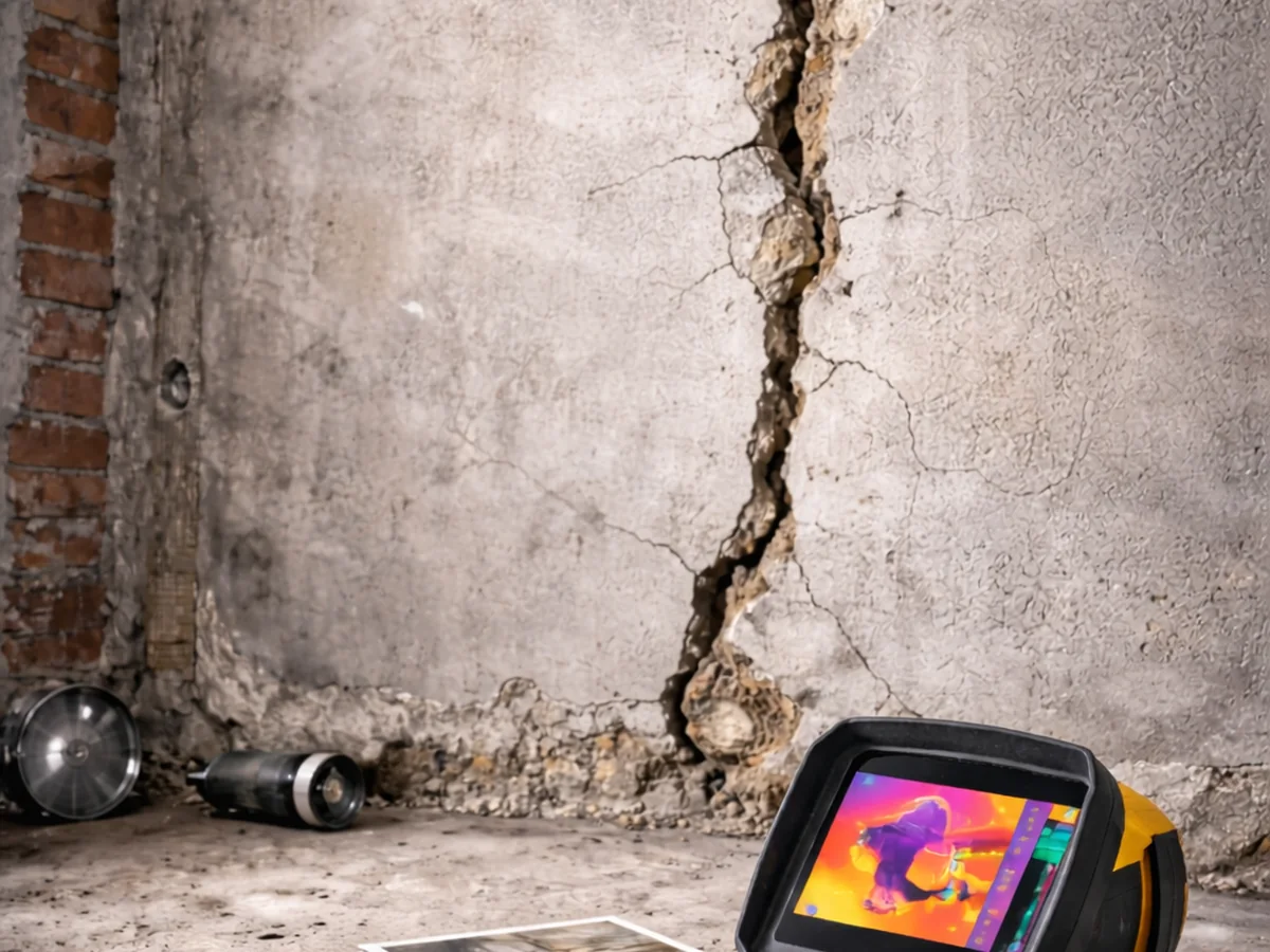 Mur fissuré examiné à la caméra thermique