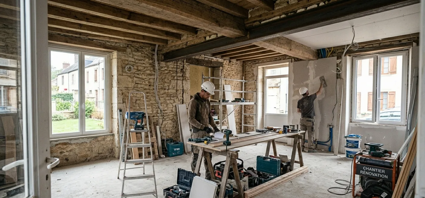 Chantier de rénovation dans une bâtisse en pierre